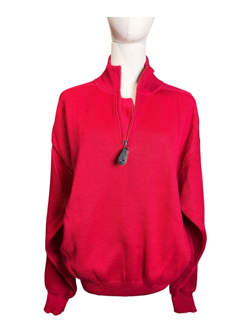 Kaelin Vintage Wool Blend Ribbed Shoulder Quarter Zip Ski Sweater Red Oversized